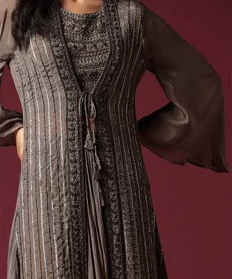 Grey hand embroidered jacket & lehenga set 5