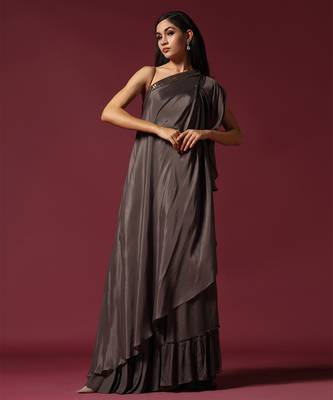 Grey one shoulder drape gown 1