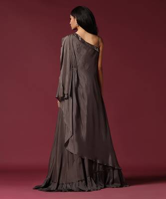 Grey one shoulder drape gown 2