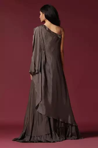 Grey one shoulder drape gown