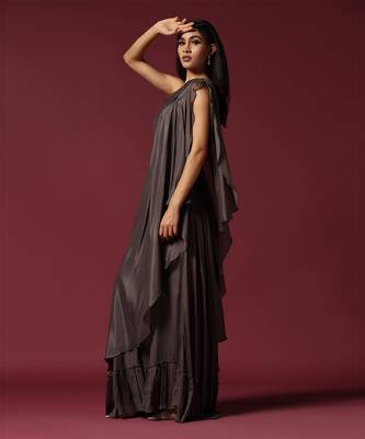 Grey one shoulder drape gown 3