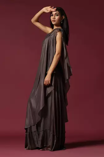 Grey one shoulder drape gown