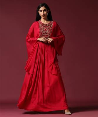 Hot pink kaftan sleeve embroidered gown 1