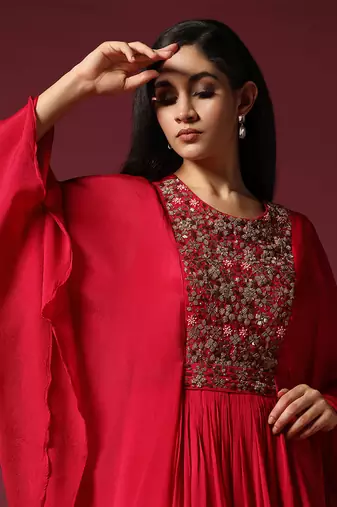 Hot pink kaftan sleeve embroidered gown