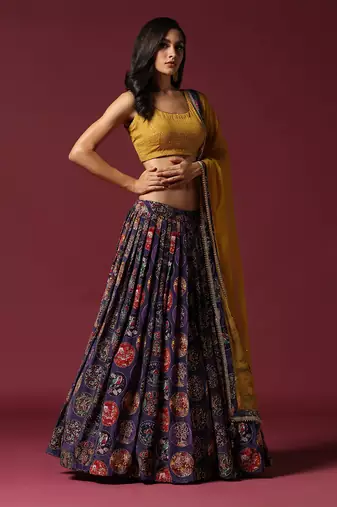 Mustard And Purple Printed Lehenga Set