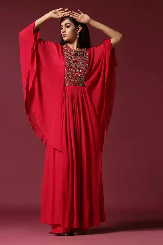 Hot pink kaftan sleeve embroidered gown