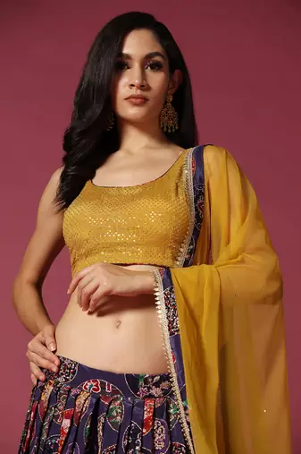 Mustard And Purple Printed Lehenga Set