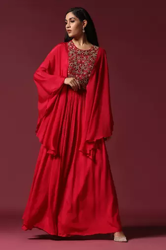 Hot pink kaftan sleeve embroidered gown