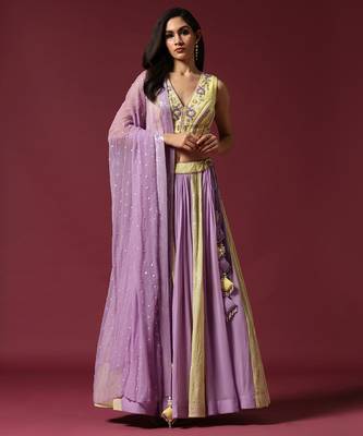 Lilac And Lime Hand Embroidered Lehenga Set 1