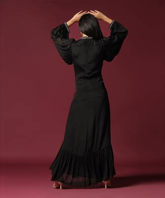 Black gown embellished with pearls and antique silver cutbeads with belt 2