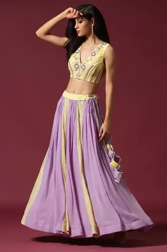 Lilac And Lime Hand Embroidered Lehenga Set