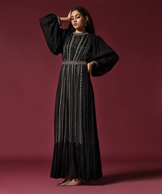 Black gown embellished with pearls and antique silver cutbeads with belt 3