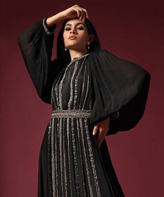 Black gown embellished with pearls and antique silver cutbeads with belt 4