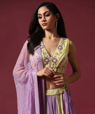 Lilac And Lime Hand Embroidered Lehenga Set 4