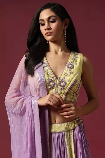 Lilac And Lime Hand Embroidered Lehenga Set