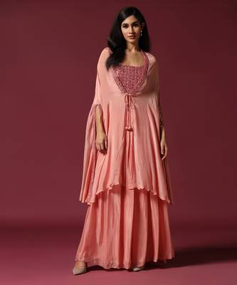 Pink embroidered cape & lehenga set 1