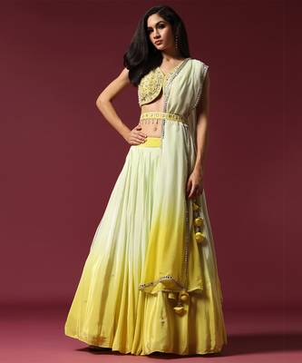 Shaded Yellow Embroidered Ombre Lehenga Set 1