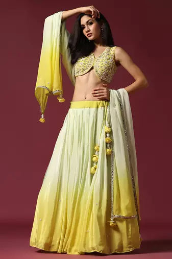 Shaded Yellow Embroidered Ombre Lehenga Set