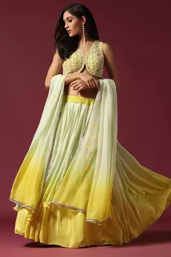 Shaded Yellow Embroidered Ombre Lehenga Set