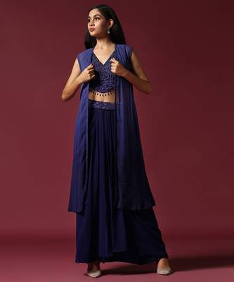 Navy blue hand embroidered cape set 1