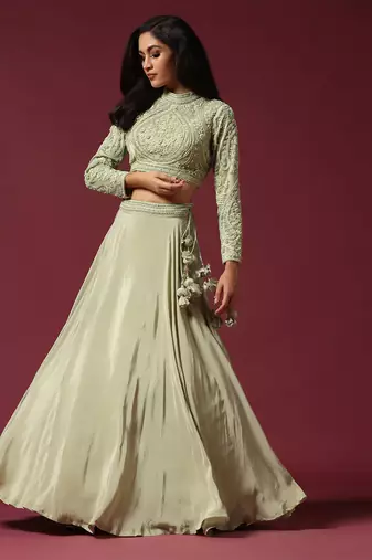 Mint Hand Embroidered Lehenga Set