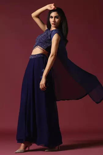 Navy blue hand embroidered cape set