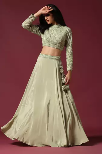 Mint Hand Embroidered Lehenga Set