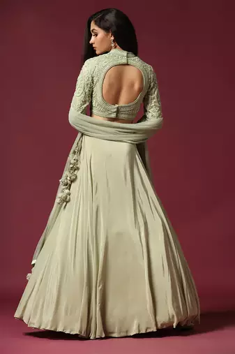 Mint Hand Embroidered Lehenga Set