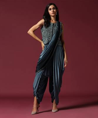 Shaded blue embroidered dhoti set 1