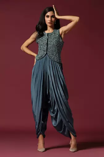 Shaded blue embroidered dhoti set