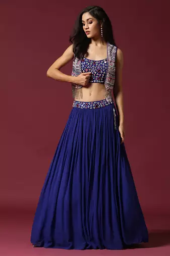 Blue Mirror Work Lehenga Set