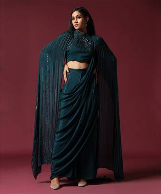 Teal green pre-draped saree with a shoulder cape 3