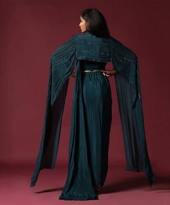 Teal green pre-draped saree with a shoulder cape 5