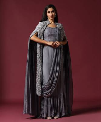 Grey cape jacket & draped saree set 1