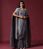 Grey cape jacket & draped saree set