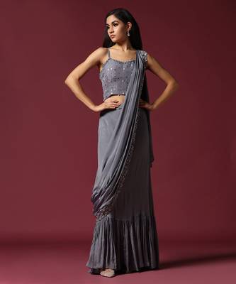 Grey cape jacket & draped saree set 2