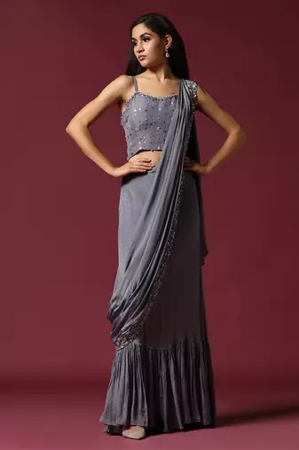 Grey cape jacket & draped saree set