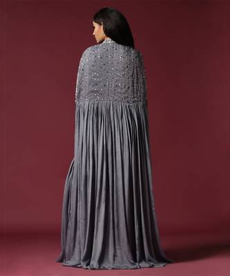 Grey cape jacket & draped saree set 3