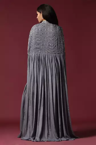 Grey cape jacket & draped saree set