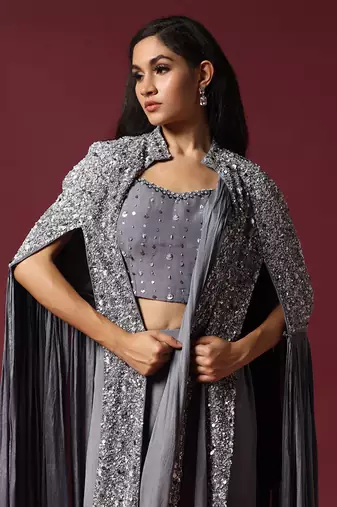 Grey cape jacket & draped saree set
