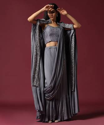 Grey cape jacket & draped saree set 5