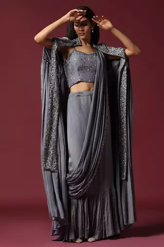 Grey cape jacket & draped saree set