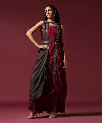 Maroon and grey draped cape set with belt 1