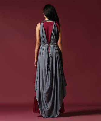 Maroon and grey draped cape set with belt 3