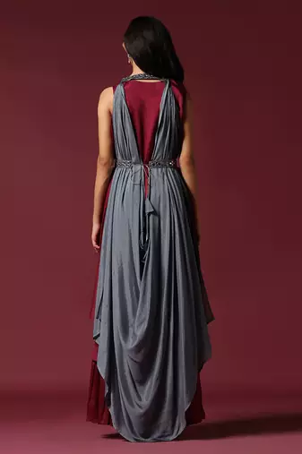 Maroon and grey draped cape set with belt