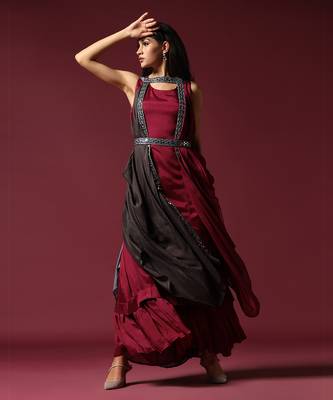 Maroon and grey draped cape set with belt 4