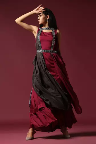 Maroon and grey draped cape set with belt