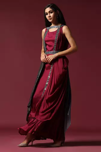Maroon and grey draped cape set with belt