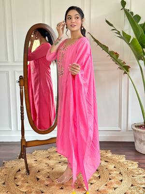 Pink Thread Work Viscose Straight Kurta Pant and Dupatta Set 3