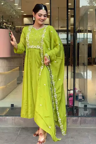Embroidered Chinon Straight Kurta Pant and Dupatta Set